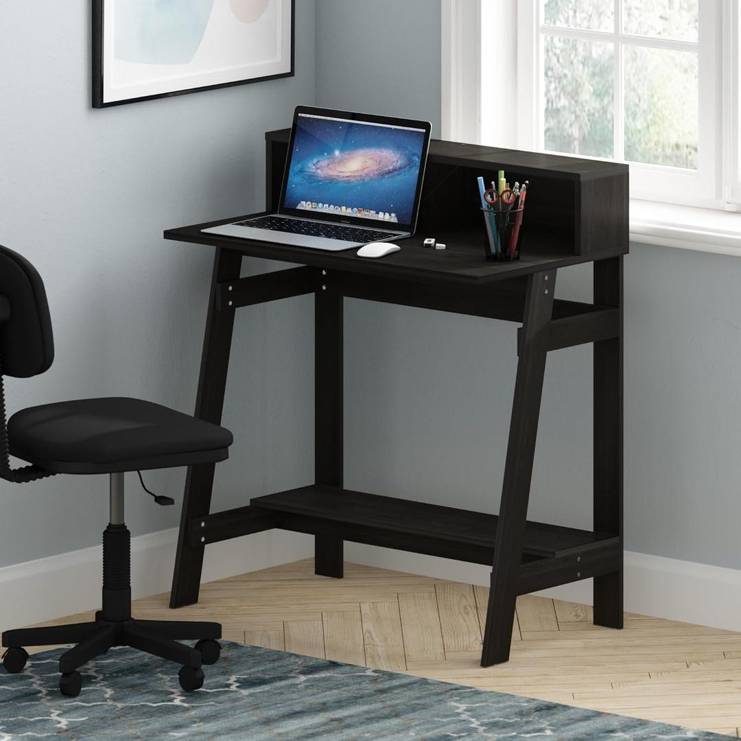 Furinno Simplistic 32-Inch Black Computer Desk, Small Office Desk, Rectangular Home Office Desk with Shelf, Gaming Desk for Home Office, Bedroom, Study Room, Black Espresso, 32-in Wide A-Frame