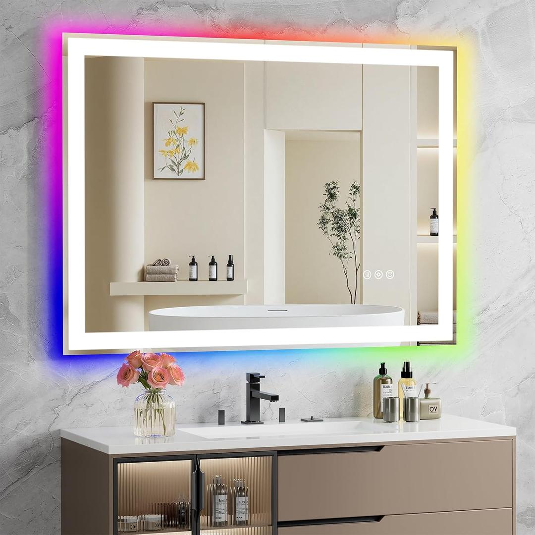 LED Bathroom Mirror with Lights, 32X24 Inches RGB Color Changing Bathroom Mirror, Lighted Vanity Mirrors for Wall, Dimmable, Anti-Fog