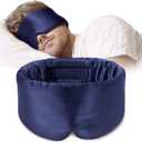 Silk Sleep Mask Soft Pressureless: 100% Mulberry Silk for Eye Skin Anti Wrinkles, Large Size for Total Blackout, Adjustable Wide Velcro Ear Cover (Navy)