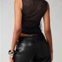 Women's Cowl Neck Sheer Tank Tops Drawstring Side Draped See Through Sleeveless Crop Top (Black, S)