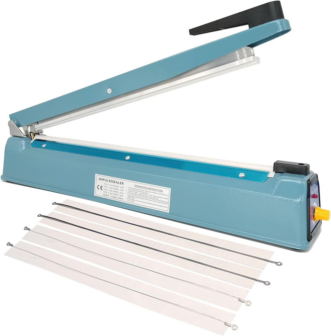 Impulse Sealer 16 inch Heat Sealer for Plastic Bags, Metal Plastic Bag Sealer Heat Seal, Mylar Bag Sealer, Manual Poly Bag Hot Seal Sealing Machine with 4 Repair Kit(2 Cutting Lines Included) (16inch-3mm Sealing Width Blue, Blue 16"-3mm)