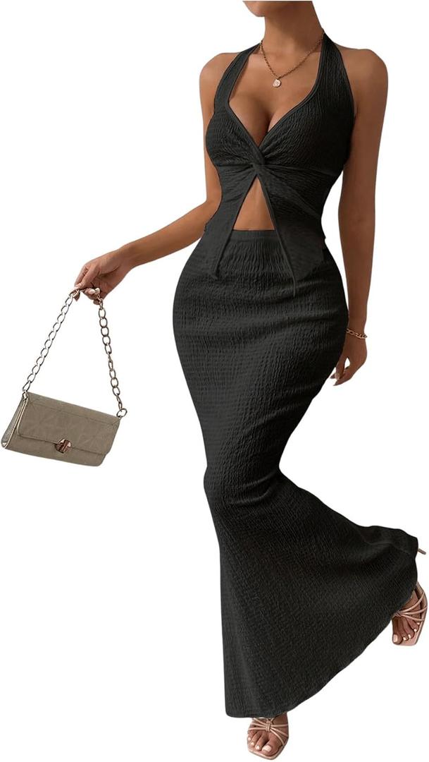 SOLY HUX Women's Two Piece Outfits Twist Front Halter Cami Tops and Skirt Summer Set (Medium, Pure Black)