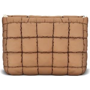 URSKYTOUS Puffy Quilted Makeup Bag Cotton Small Brown Travel Cosmetic Bag Cute Puffer Toiletry Bag Portable Zipper Makeup Pouch Coquette Aesthetic Makeup Brush Storage Organizer for Women Girls