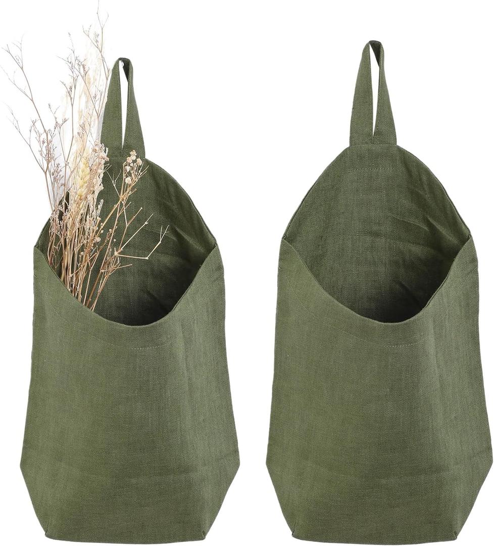 100% Linen Hanging Storage Bags Baskets 2 Pcs, Small Wall Storage Bag for Kitchen, Bedroom, RV Camper Organizer, Sewing Room, Nursery Storage, Kids Room, Army Green