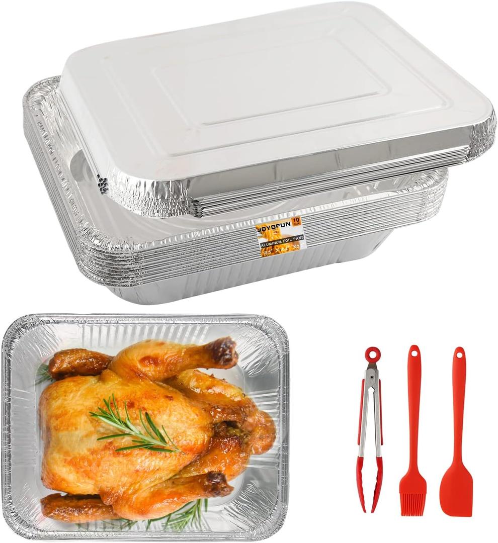 JOYOFUN 10 Pack Aluminum Pans With Lids,12.5x10.2 Extra Heavy Duty Durable Disposable Aluminum Foil Pans,Half Size Deep Steam Table Pans -Baking Pans for Cooking,Food Prepping,Party Holidays BBQ