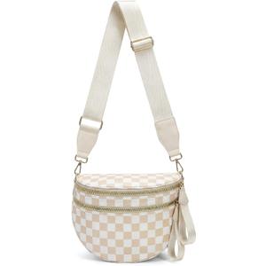Checkered Crossbody Bag Nylon Bum Bags for Women Spacious Handbags Checkered Purse Fanny Packs with Shoulder Strap