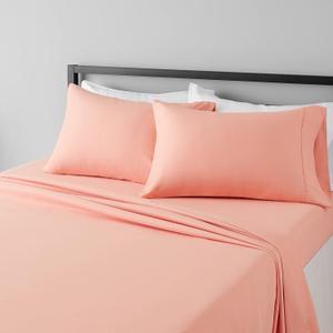 Amazon Basics Breathable, Wrinkle Free Lightweight Microfiber 4-Piece Bed Sheet Set with 14-Inch Deep Pockets, Includes Comfortable Pillowcases, Queen, Peachy Coral, Solid