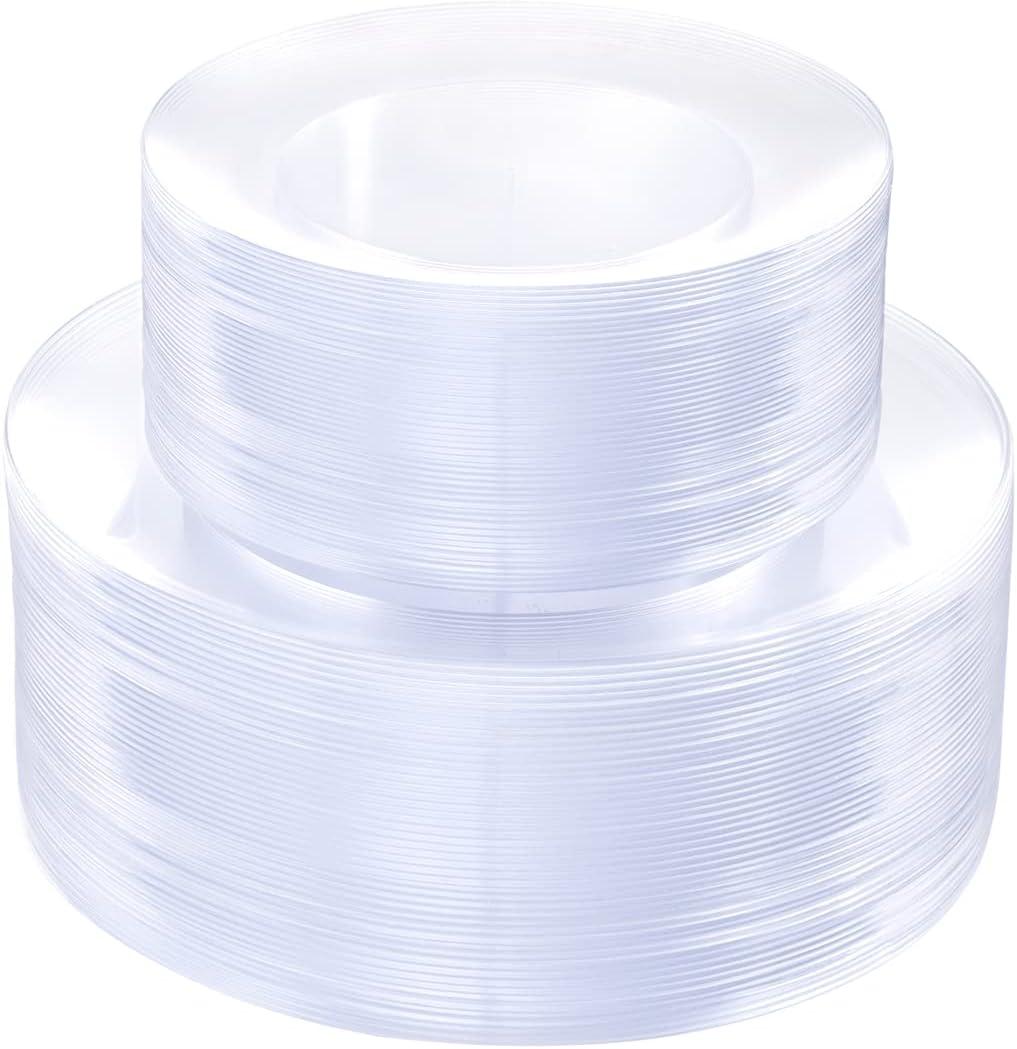 PULOTE 100Pieces Clear Plastic Plates - Premium Heavyweight Plastic Clear Disposable for Wedding&Party Include 50 Dinner & 50 Dessert/Salad Plates