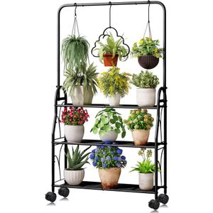 Plant Stand, 3 Tier Moveable Tall Corner Hanging Plant Rack for Indoor Outdoor, Black Heavy Duty Metal Multiple Plant Shelf Holder for Garden Balcony Living Room