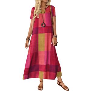 Women's Vintage Geometric Print Maxi Dress Color Block Plaid Design Crew Neck Short Sleeve Loose Fit Long Dresses
