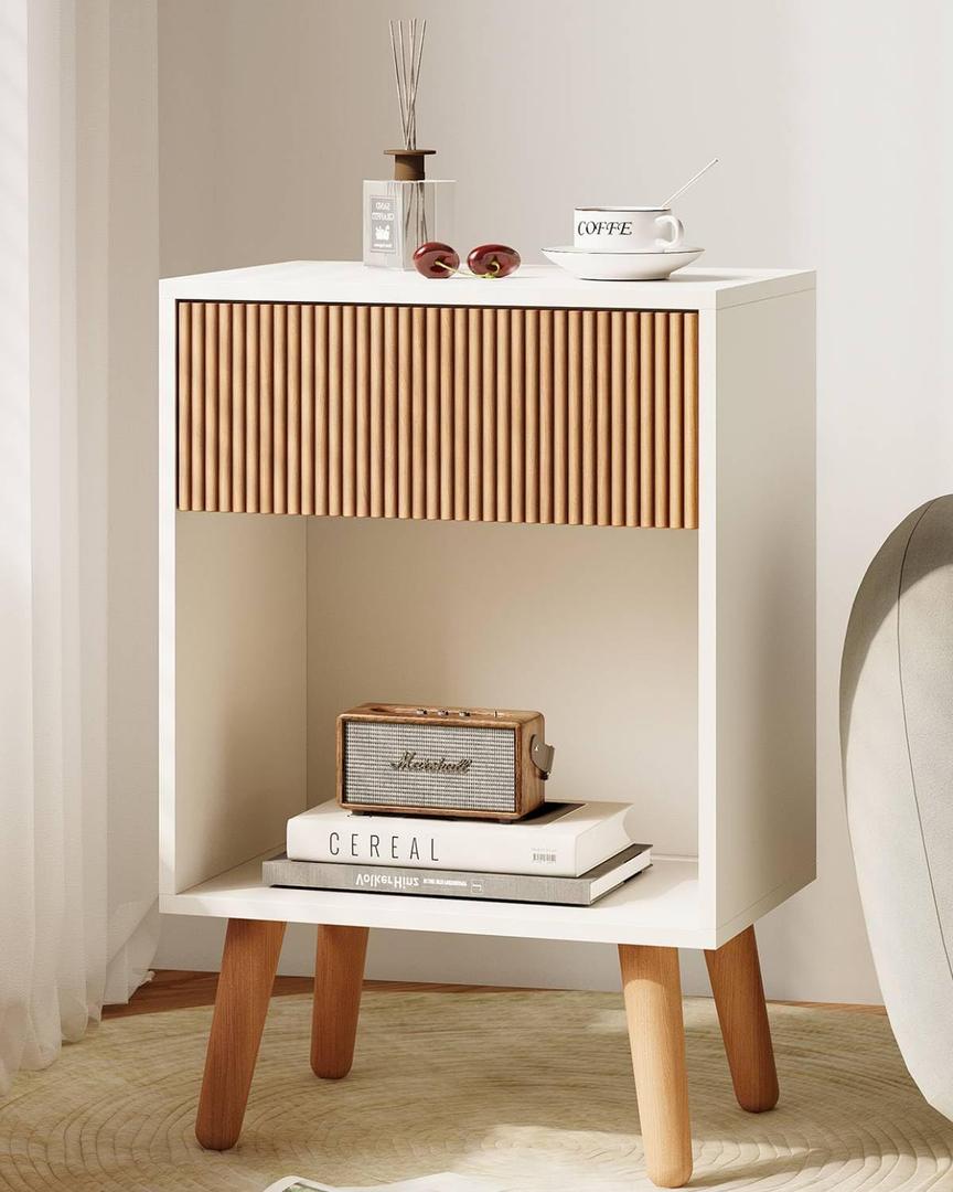 Fluted Nightstand, Modern Bedside Table with Storage Drawers and Open Wood Shelf, Night Stand with Solid Wood Legs, End Tables Side Tables for Living Room, Bedroom (White+oak) Fluted Nightstand, Modern Bedside Table with Storage Drawers and Open Wood Shelf, Night Stand with Solid Wood Legs, End Tables Side Tables for Living Room, Bedroom (White+oak)