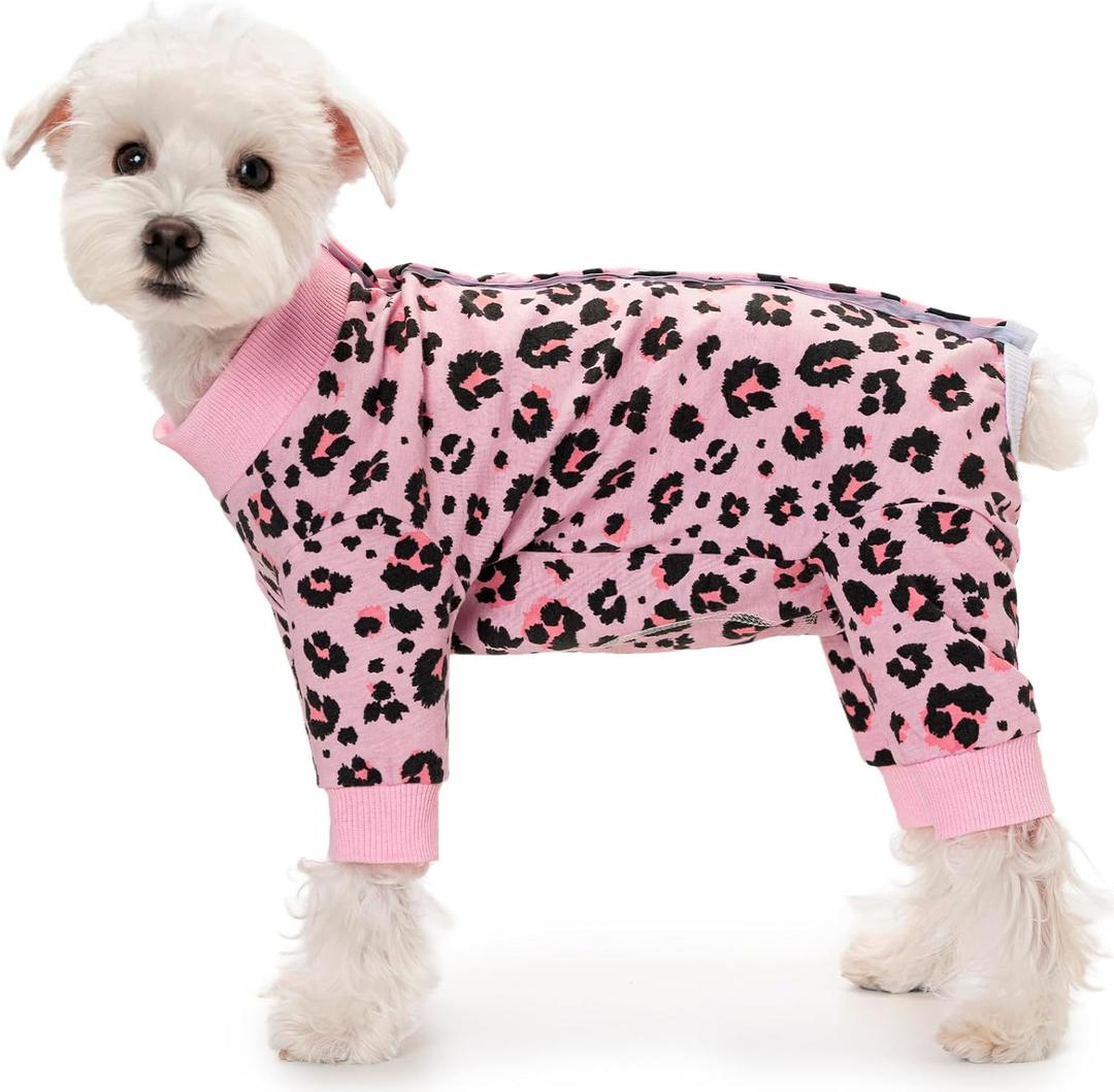 Small Dog Striped Recovery Suit, Puppy After Surgery Onesie for Female Male, Pet 4-Legged Pajamas Bodysuit, Surgery Abdominal Wound Bandages Clothes Pant for Shedding Skin Disease (Pink Leopard, S)