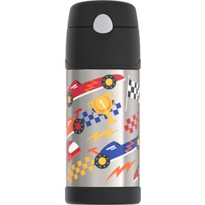 THERMOS FUNTAINER Water Bottle with Straw - 12 Ounce, Hot Rods - Kids Stainless Steel Vacuum Insulated Water Bottle with Lid