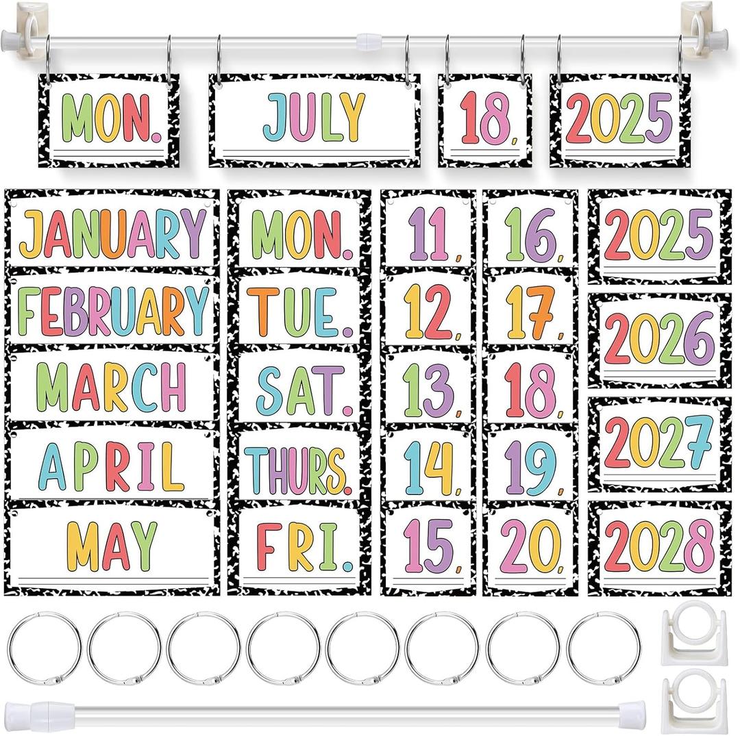 Composition Notebooks Calendar Bulletin Board Set Classroom Bulletin Board Decor 54 Date Cards Colorful Pastel Flip Calendar with Adjustable Holder for Back to School Supplies, Years 2025-2028