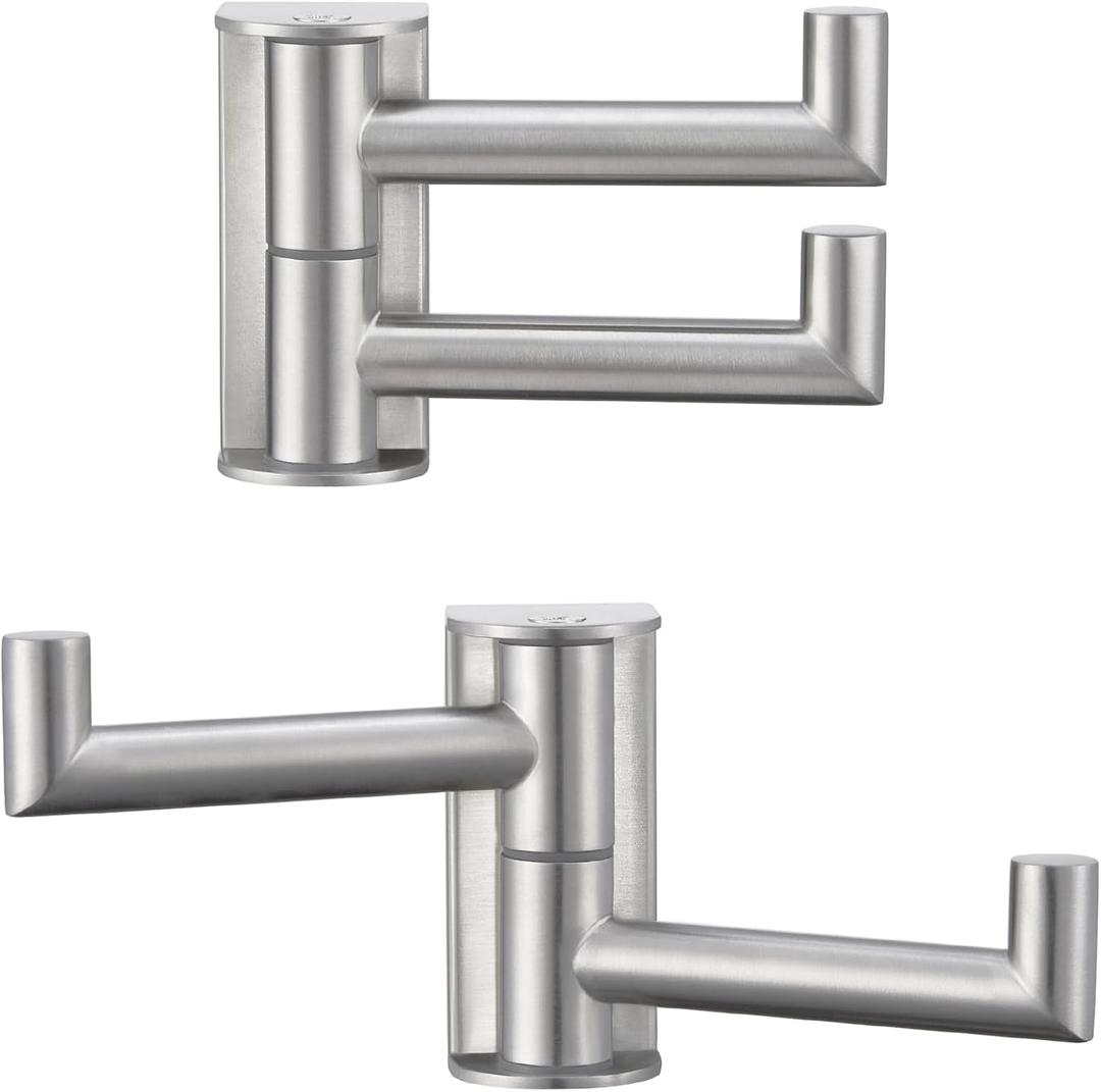 Suyar Brushed Nickel Double Towel Hook, SUS304 Stainless Steel Swivel Wall Hook with 2 Arms, Foldable Robe Coat Hanger for Bathroom, 2 Pack
