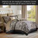 Madison Park Aubrey Cozy Comforter Set, Faux Silk Jacquard Paisley Design - All Season Down Alternative Bedding with Cotton Bed Sheets, Bed Skirt & Toss Pillows, Queen Black 12 Piece