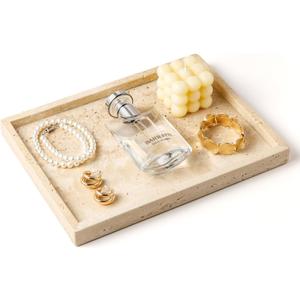 WORHE Vanity Tray Italy Travertine Stone for Jewelry, Perfume, Makeup, Candle Large Natural Marble Decorative Trays for Bathroom Dresser Rectangle Kitchen Storage Organizer for Home Decor Beige(WH021) (Beige - 11.8" X 9.3")