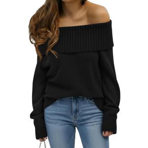 Okiwam Womens Off The Shoulder Sweater 2025 Fall Fashion Casual Loose Knitted Long Sleeve Pullover Trendy Tops (Medium, Black)