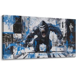 JEAWA Large Canvas Wall Art, Funny Angry Gorilla Abstract City Street Graffiti Pop Paintings Black and White Modern Picture for Living Room Bedroom Men Teenage Study Home Office Decor 24x48 IN (48L" x 24W")