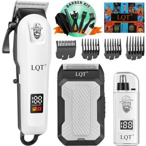 Hair Clippers for Men with LED Power Display, 3-Piece Professional Grooming Kit Includes Hair Clipper, Foil Shaver & Nose Trimmer, Complete Cordless Set for Home Barber Use (White)
