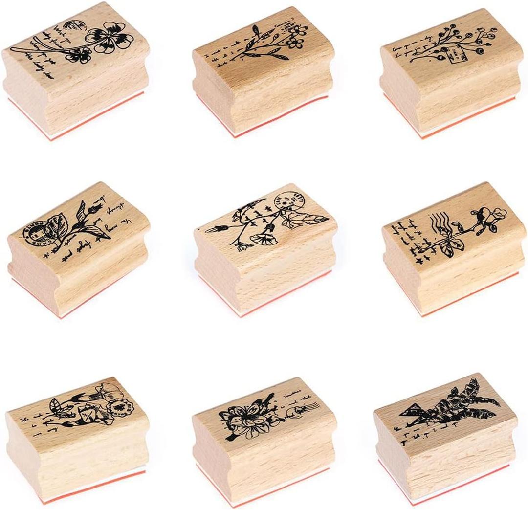 Tvoip 9 Pcs Flower Pattern Wooden Stamps, Rectangle Flower Pattern Printed Ink Stamps Decorative Rubber Stamp Set for DIY Craft, Letters Diary and Craft Scrapbooking