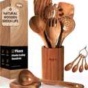 KLYRO Wooden Spoons for Cooking, Nonstick Kitchen Utensils Set with 4 Piece Measuring Spoons, Comfort Grip Wooden Spatula Set, 9 Piece Teak Wooden Cooking Utensils with Holder and Spoon Rest