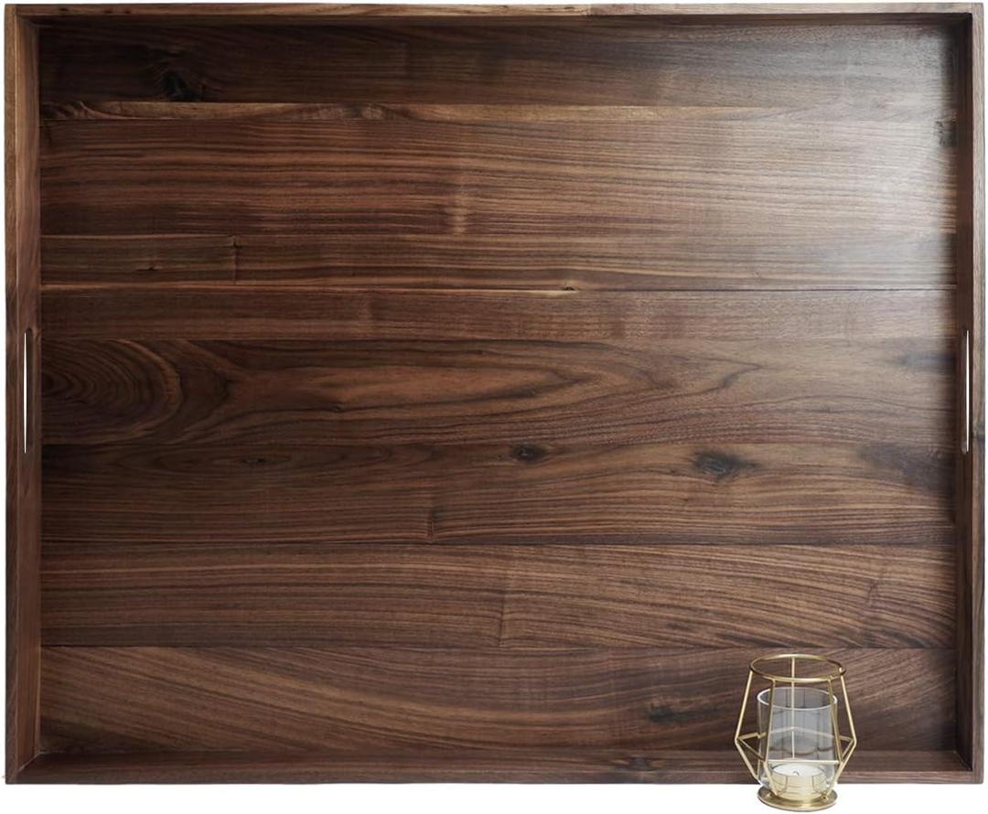 30 x 24 Inches Extra Large Rectangle Black Walnut Wood Ottoman Tray with Handles, Serve Tea, Coffee Classic Wooden Decorative Serving Tray