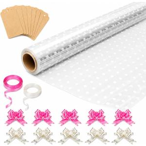 HURUC Dotted Cellophane Wrap for Hampers 80cmx30m with Large 10 Pull Bows 2 Ribbons & 10 Gift Tags, Florist Cellophane Wrap Rolls to pack Gifts Chocolate Flowers for Birthday, Anniversary, Wedding | Clear plastic wrapping paper for florist flowers, chocolates & hampers; includes pull bows, ribbons & gift tags