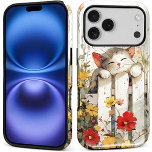 Case for iPhone 17 Pro,Hybrid Heavy Duty 2 in 1 Full Body Rugged Shockproof Protection Glossy Case for iPhone 17 Pro Garden Resting Cat