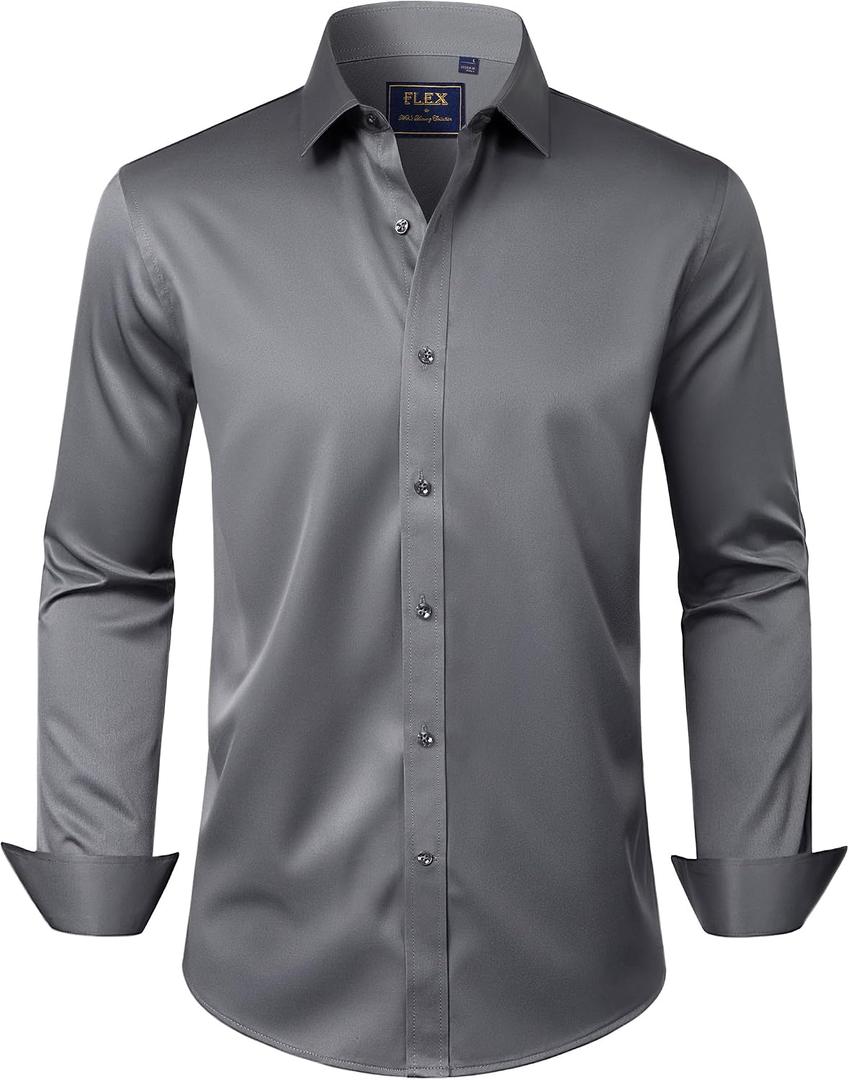 J.VER Boy's Long Sleeve Dress Shirts Solid Stretch Wrinkle-Free Shirt Kids Casual Button Down Shirts School Uniform (Gray)10-11Y