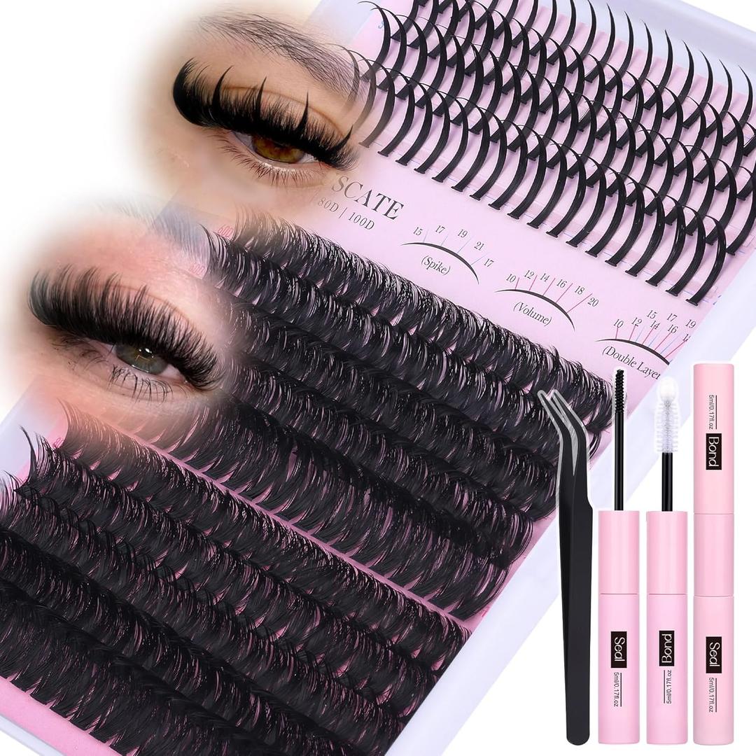 CORUSCATE Lash Clusters Kit 60D80D with Lash Spikes Eyelash Clusters Volume Cluster Eyelash Extensions Kit 10-21mm DIY Spiky Individual Lashes Extension Kit Mega Eyelashes Mink Strip Cluster Lashes