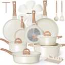 Pots and Pans Set Non Stick Non-Toxic 22 Pcs Ceramic Cookware Sets Nonstick Kitchen Pot&Pan With Lid Cream White Granite Induction Compatible with Glass Lids Crepe Frying Pan PFOA/PFOS-Free