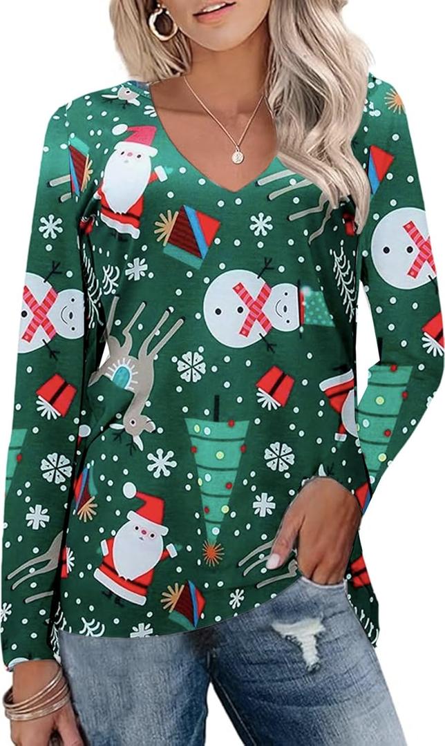 Ugly Christmas Shirts Women Merry Christmas Trees Tees Long Sleeve Xmas Snowman Blouse Top V Neck (Green, L)