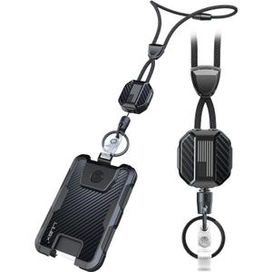 LIUGX Carbon Fiber Badge Holder with Retractable Breakaway Lanyard, American Flag, Badge Reel with Heavy Duty ID Card Holder (Holds 6 Cards) with 20" Retractable Cord, Keychain, 4.2 oz, Black