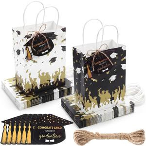 Kolldenn 48 Set Graduation Gift Bags with 48 Graduation Cap Tags and 20m Twine, Black and White Kraft Paper Grad Party Favor Bags, Congrats Grad Gift Wrapping Bag for Celebration Party Supplies