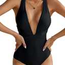 MOLYBELL Women's Plunge One Piece Bathing Suit Deep V Neck Swimsuits Crisscross Wrap Tie Monokini High Waisted Swimwear (X-Large, Black Rib)