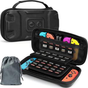 FYY Carry Case Compatible with Nintendo Switch and Switch OLED with Drawstring Pouch for Charger, Hard Carrying Travel Case, Kickstand Holds 35 Game Cards Black