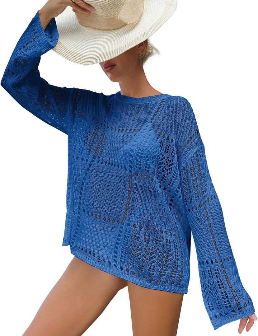 Crochet Cover Up Hollow Out Drop Shoulder Cover-ups Knit Long Sleeve Beach Dress for Women (Blue, S)