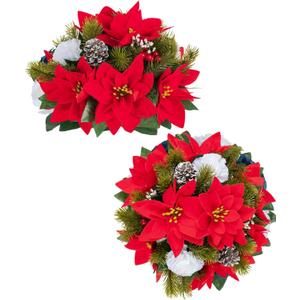 BLOSMON Poinsettias Artificial Christmas Flowers: 2 Pcs Red Fake Floral Ball Centerpieces for Tables Decorations Silk Faux Poinsettia Winter Holiday Flower Arrangement Xmas Plant Ornaments Decor