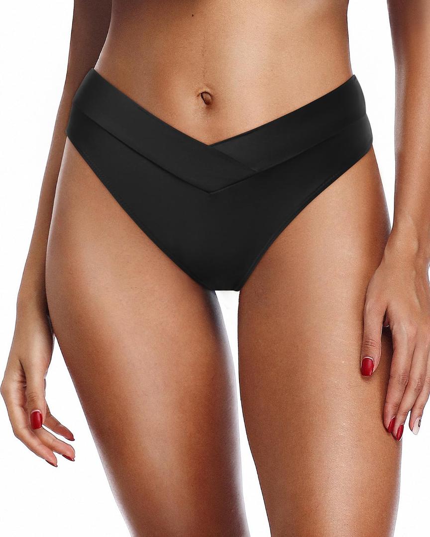 Zmart Women V Cut Cheeky Bikini Bottom - High Cut Bathing Suit Bottom Mid Rise Swim Bottoms Swimsuit (Medium, Black)