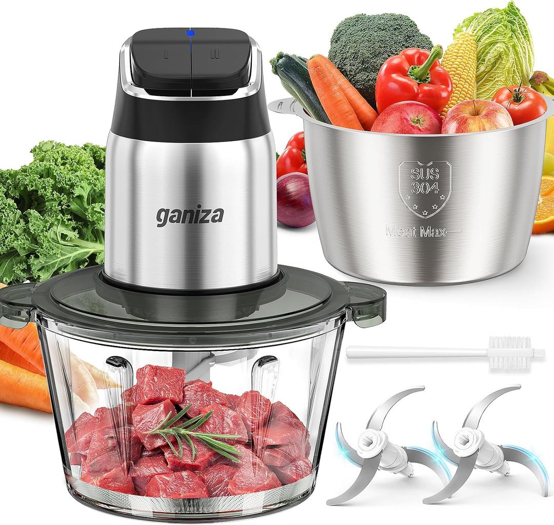Ganiza Food Processor, 2-Speed Food Chopper Meat Grinder with 8 Cup Stainless Steel & 8 Cup Glass Bowls, Upgraded Button & Smart Overheat Protection Light - Includes Clean Brush, 2 Sets of Blades (Silver)
