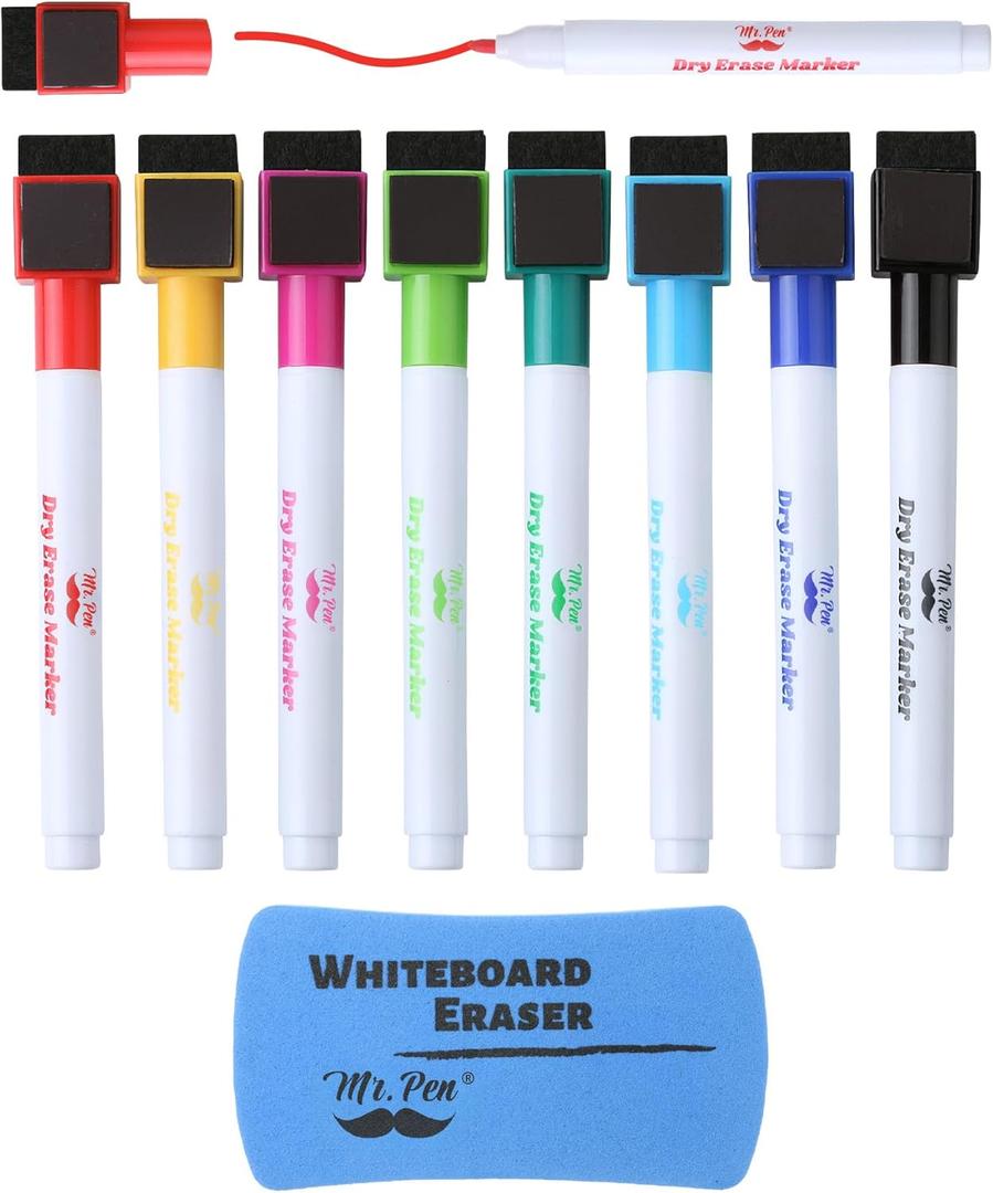Mr. Pen- Magnetic Dry Erase Markers, 8 Pack with Eraser, Magnet, Fine Tip Dry Erase Pens (Assorted Colors)