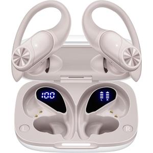 PocBuds Bluetooth Headphones Wireless Earbuds 80hrs Playtime Wireless Charging Case Digital Display Sport Ear Buds with Earhook Deep Bass IPX7 Waterproof Over-Ear Earphones for Phone Laptop Beige