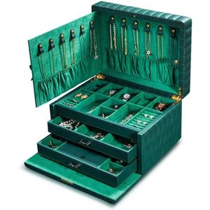 Genuine Leather Jewelry Box  3 Layer Large Jewelry Organizer with Mirror, Lockable Jewelry Box for Women  Necklace, Ring, Earring Organizer with Drawer - Gifts(Green)