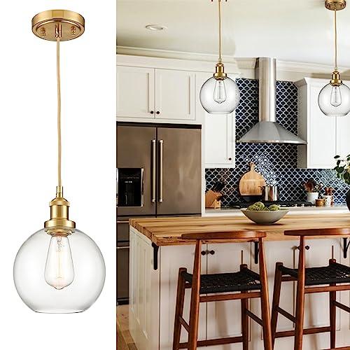 SHAWNKEY Modern Bushed Gold Pendant Light Fixture with Globe Clear Glass Shade Pendant Lighting for Kitchen Island Hanging Lighting