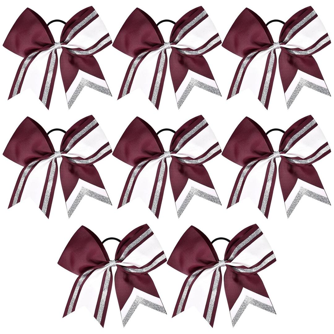 8 PCS Large Glitter Cheer Bows 8" Hair Bows Sparkly Cheerleading Softball Team Bow Hair Ponytail Holder Accessories for cheerleaders football Competition Sports- Maroon White Silver