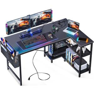 ODK 48 Inch Small L Shaped Gaming Computer Desk with Power Outlets, Corner Desk with Reversible Storage Shelves & PC Stand for Small Space, Modern Simple Home Office Table, Carbon Fiber Surface, Black