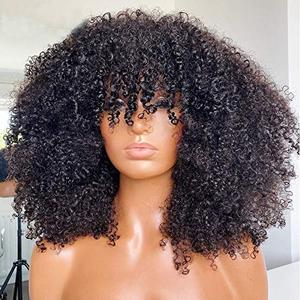 Afro Kinky Curly Wig With Bangs Full Machine Made Scalp Top Wig 200 Density Virgin Brazilian Short Curly Human Hair Wigs Natural Color 24 inch (24 Inch (Pack of 1))