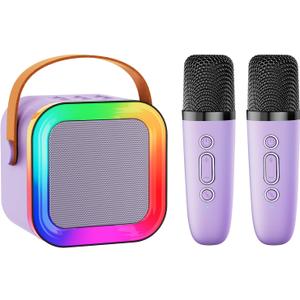 Mini Karaoke Machine Speaker for Kids Adults, Portable Bluetooth with 1-2 Wireless Microphones, Christmas Birthday Gifts Toys Girls Boys Ages 4, 5, 6,7, 8,9,10,11,12+ Years Old Toddler (Purple - 2 Mic)