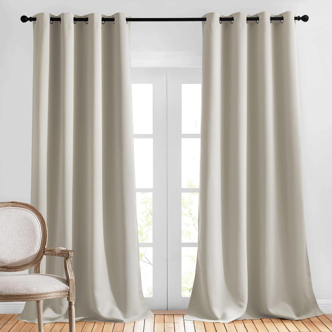 NICETOWN Bedroom Blackout Curtain & Drape 95 inch Length - Thermal Insulated Solid Grommet Sound Reducing Window Drape for Living Room/Laundry, 1 Panel, Natural, W52 x L95